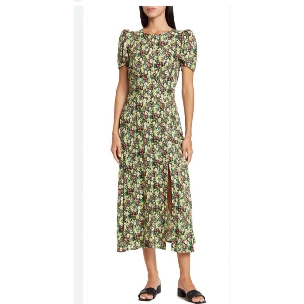 AFRM Los Angeles Floral Midi Dress Jamie Open Back Short Sleeve Slit Size S - Picture 1 of 9